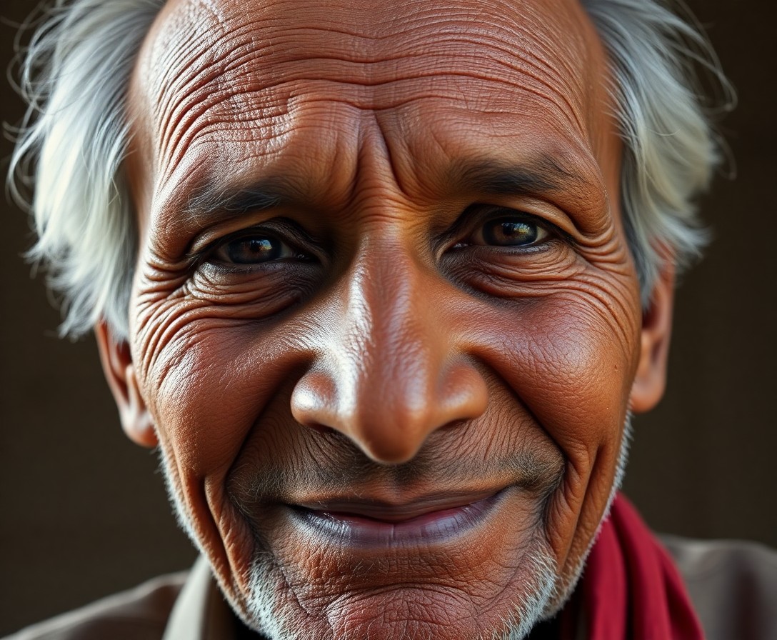 AI generated art for prompt: Create an ultrarealistic portrait of an elderly South Asian man with wise, deep-set eyes and a gentl