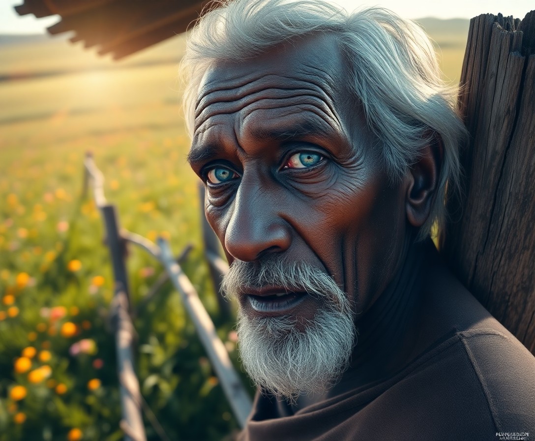 AI generated art for prompt: Create a highly detailed digital portrait of an enigmatic old Caribbean man. He has clouded blue eye