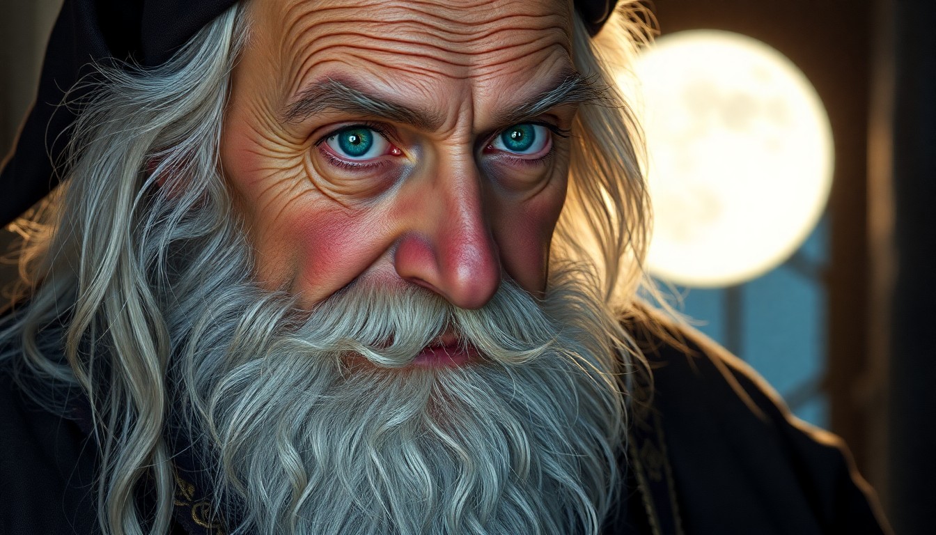 AI generated art for prompt: Create an intimate close-up portrait of a wise old wizard with piercing emerald eyes. His long silve