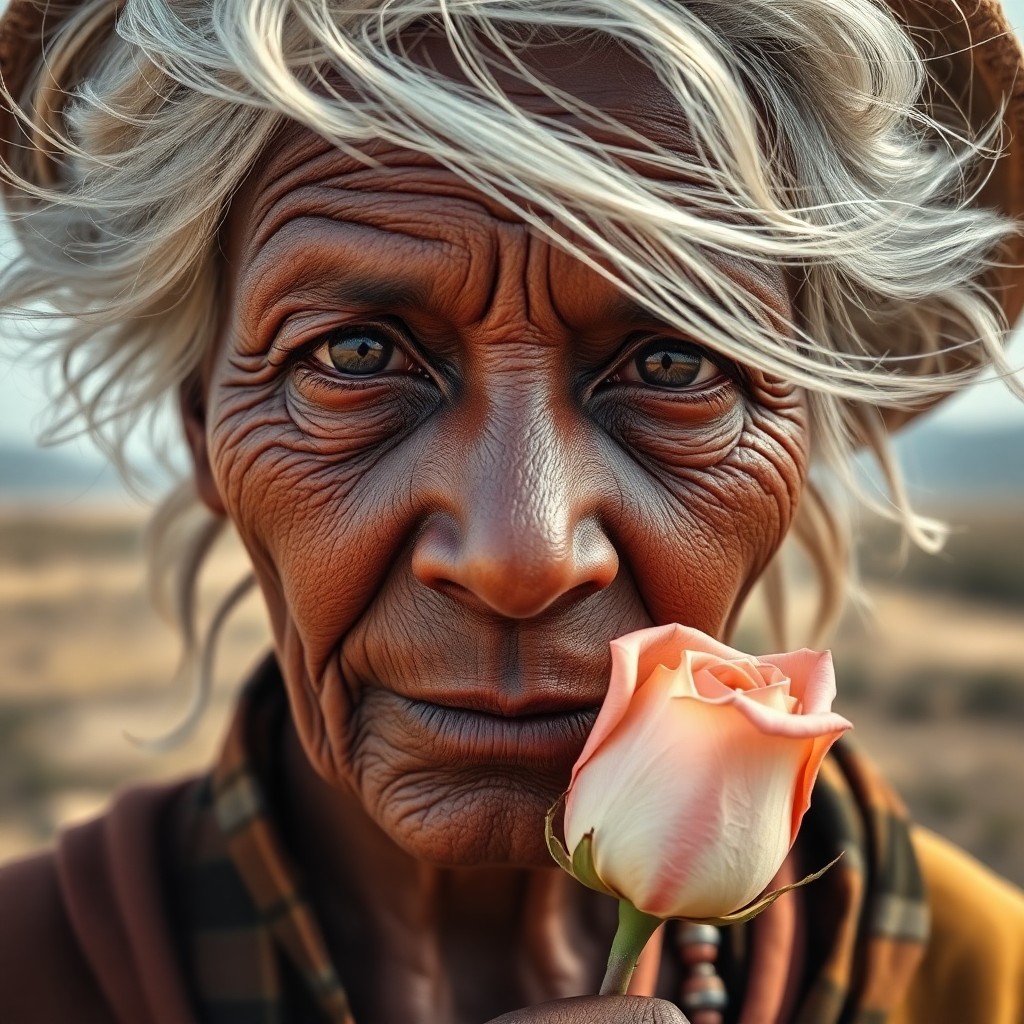 AI generated art for prompt: Create a high-resolution digital portrait of an elderly African woman, captured in a close-up 'bug's