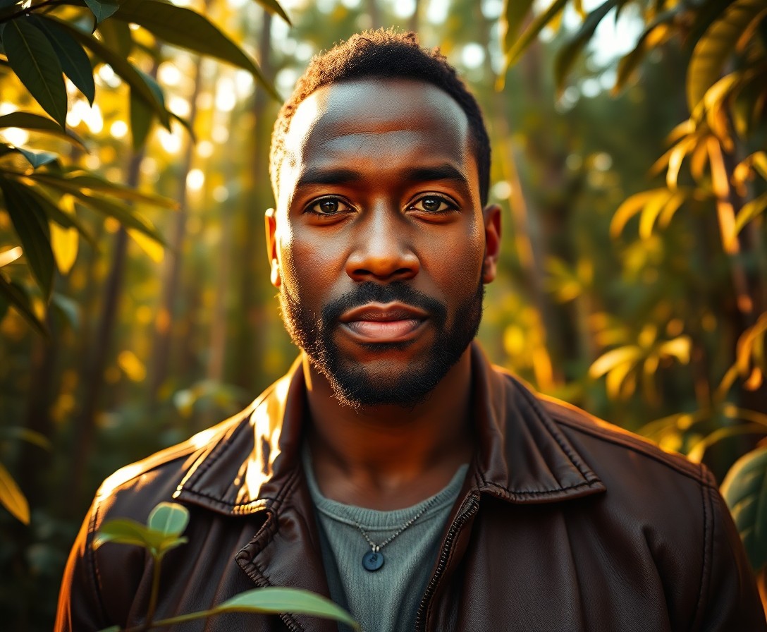 AI generated art for prompt: A captivating portrait photograph of a 35-year-old Caribbean man with rugged features and hazy green