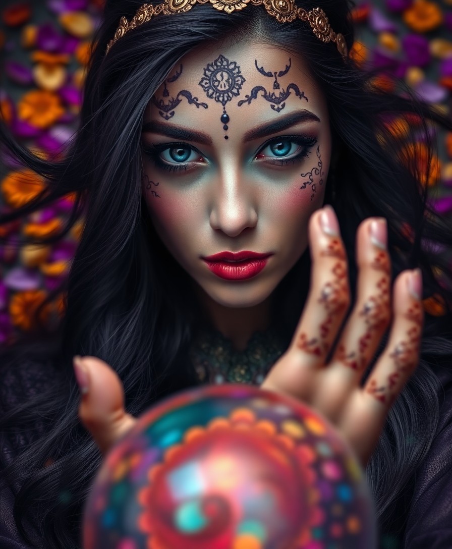 AI generated art for prompt: This image depicts a highly realistic portrait of a mysterious female fortune teller, her piercing s