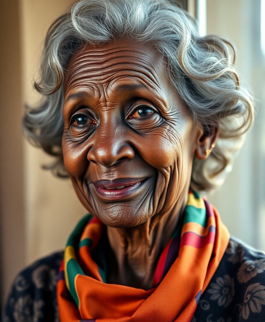 AI generated art for prompt: Create a hyperrealistic portrait of a charming elderly Sub-Saharan African woman. Her warm and invit