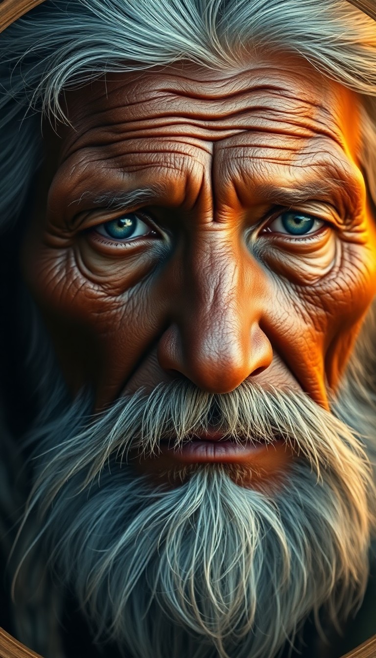 AI generated art for prompt: Create an image in the style of Renaissance art, a photorealistic close-up portrait of a wise Native