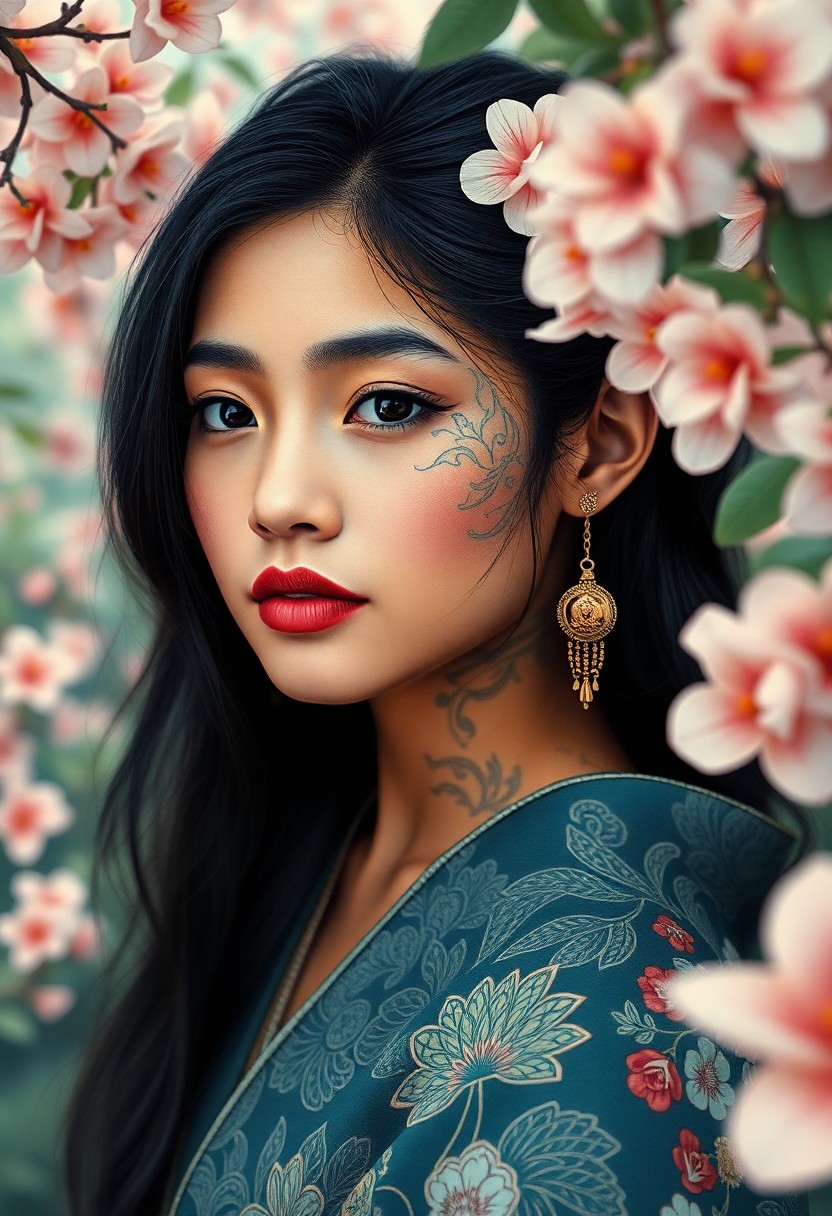 AI generated art for prompt: Create an ultrarealistic portrait in the style of hyperrealism blended with Japanese woodblock print