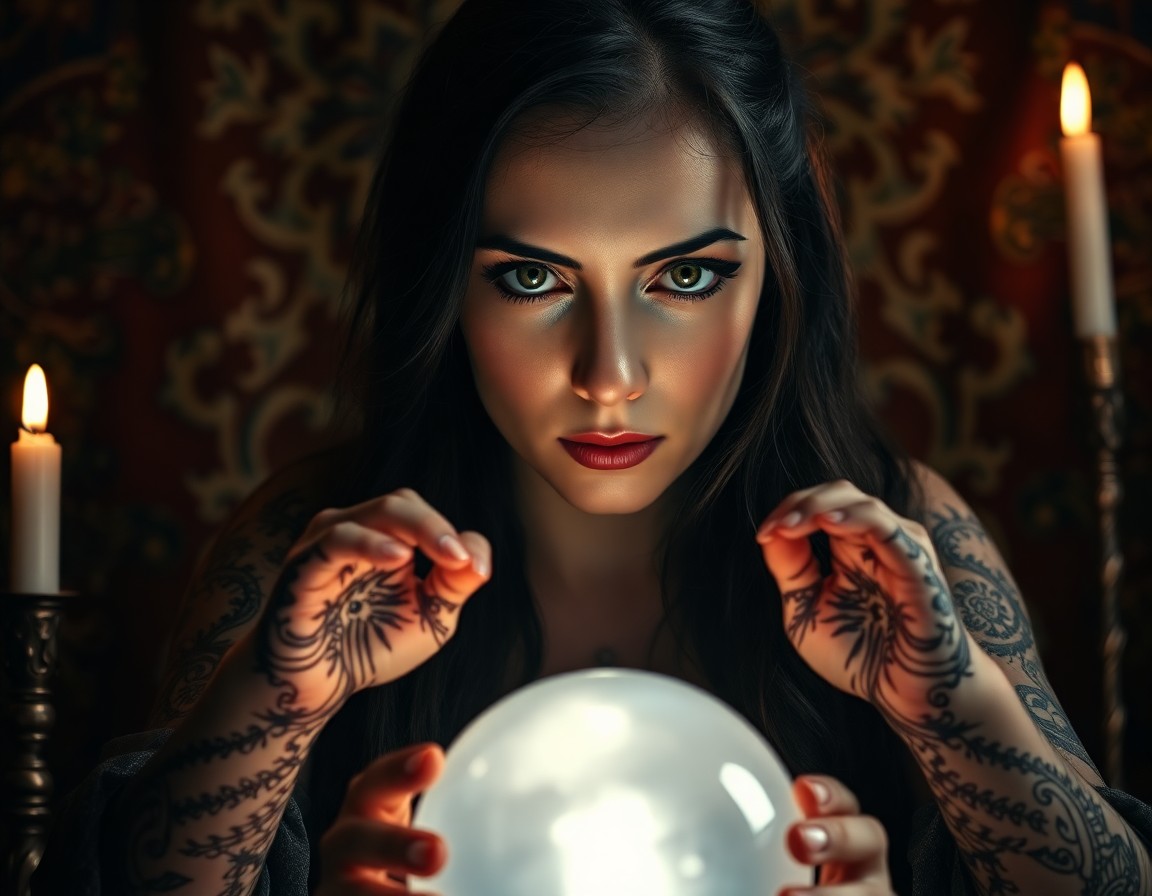 AI generated art for prompt: A high-resolution portrait photograph captures an enigmatic fortune teller with unfocused green eyes