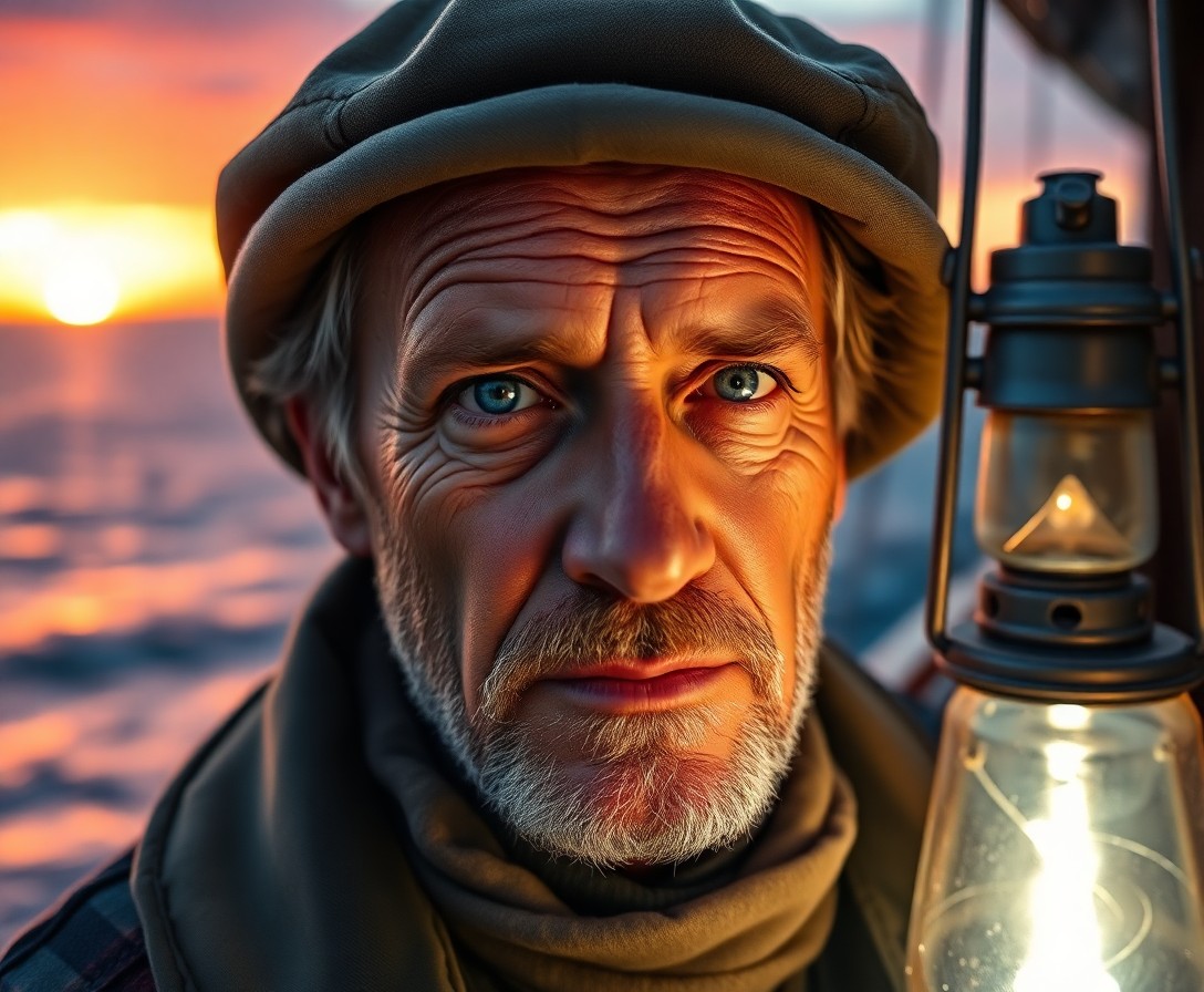 AI generated art for prompt: A portrait photograph captures the essence of a seasoned sailor, his rugged features and leathery sk