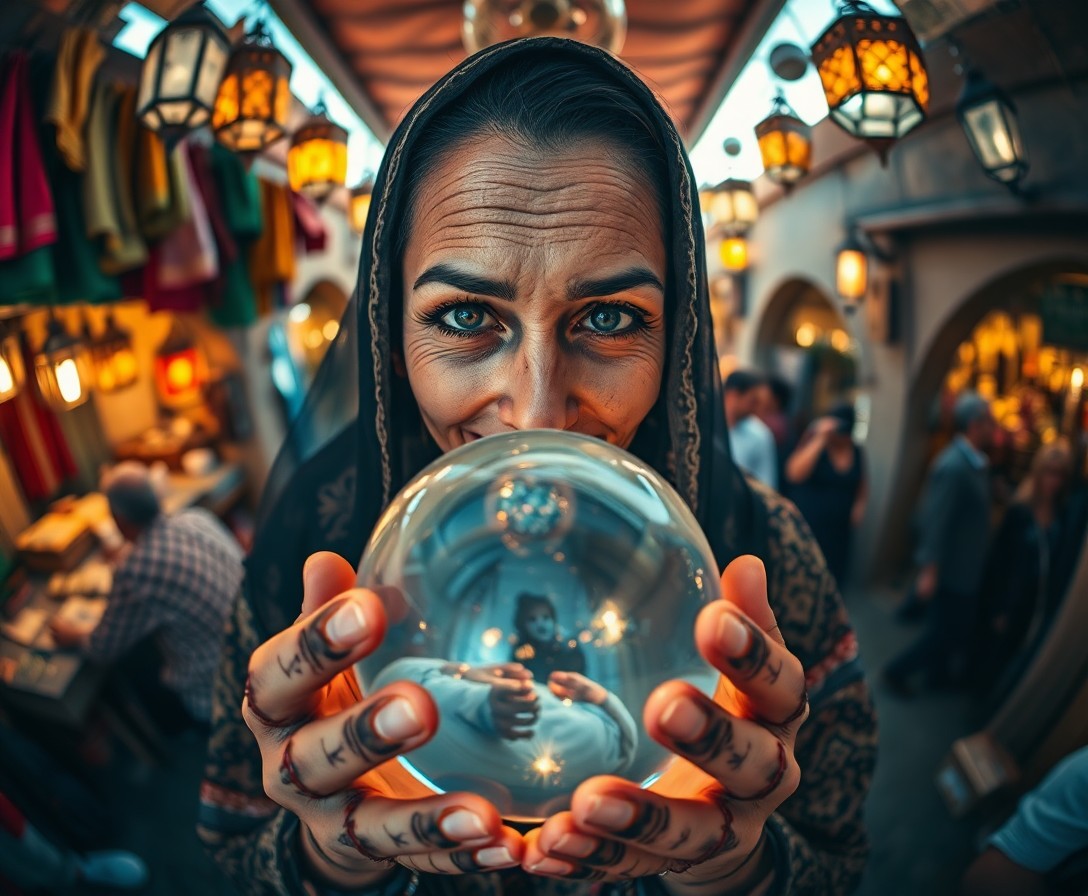 AI generated art for prompt: A captivating portrait captures the essence of a mystical fortune teller amidst the vibrant atmosphe