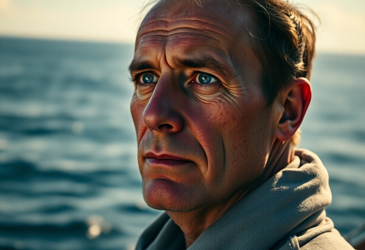 AI generated art for prompt: A portrait photograph captures a weathered sailor, his gentle blue eyes gazing toward the horizon ov