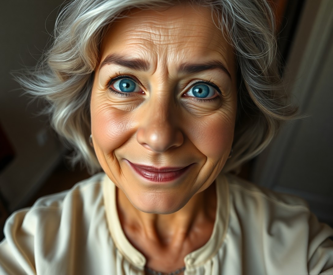 AI generated art for prompt: Create a hyperrealistic portrait of a middle-aged Hispanic woman with striking blue eyes and short, 