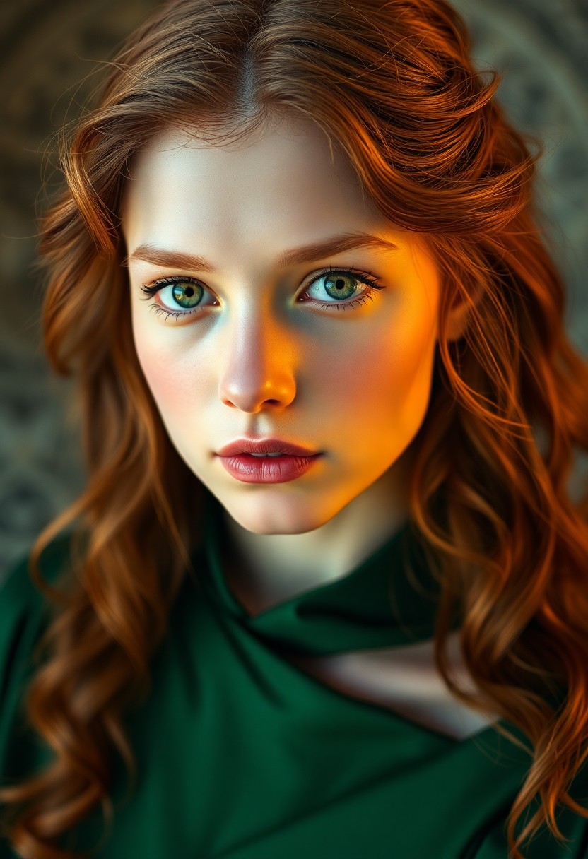 AI generated art for prompt: A hyper-realistic portrait captures the serene grace of a young Celtic woman. She has wavy chestnut 