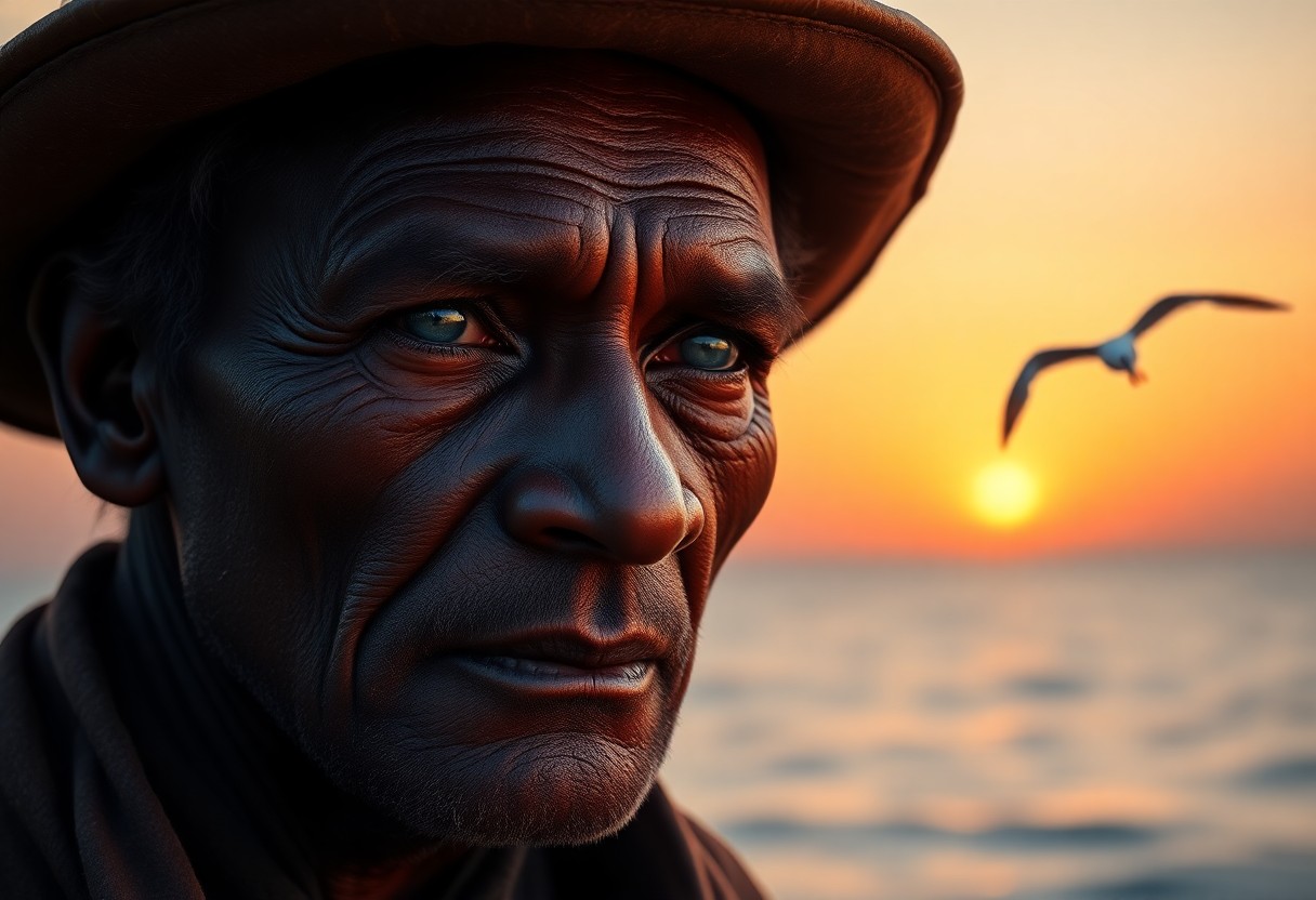 AI generated art for prompt: A hyperrealistic portrait captures the rugged essence of a Melanesian fisherman, his timid blue eyes