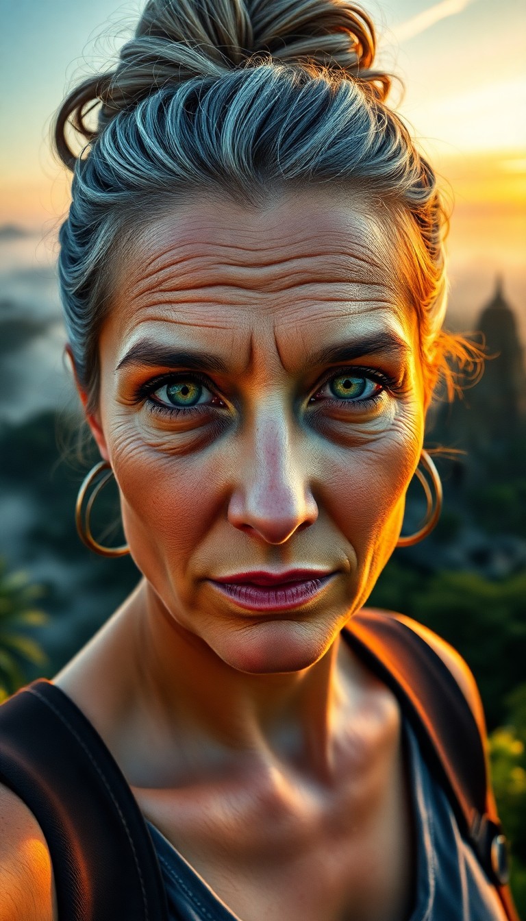 AI generated art for prompt: A photorealistic portrait of an experienced explorer, a woman with a story etched on her face, captu