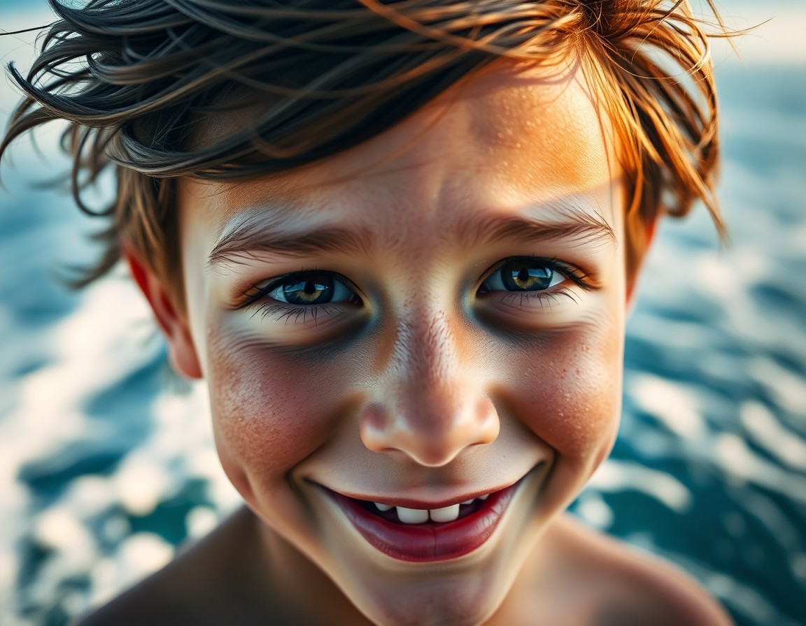 AI generated art for prompt: A captivating portrait of a joyful boy with sun-kissed skin and weathered features captures his gaze