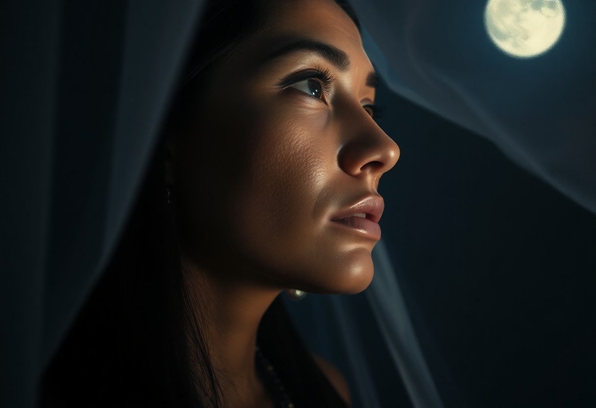 AI generated art for prompt: A haunting portrait in chiaroscuro style captures the ethereal beauty of a Native American woman wit