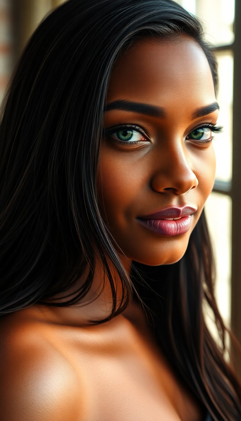 AI generated art for prompt: Capture a close-up portrait of Scarlet, a Caribbean woman with an enigmatic aura. Her piercing emera