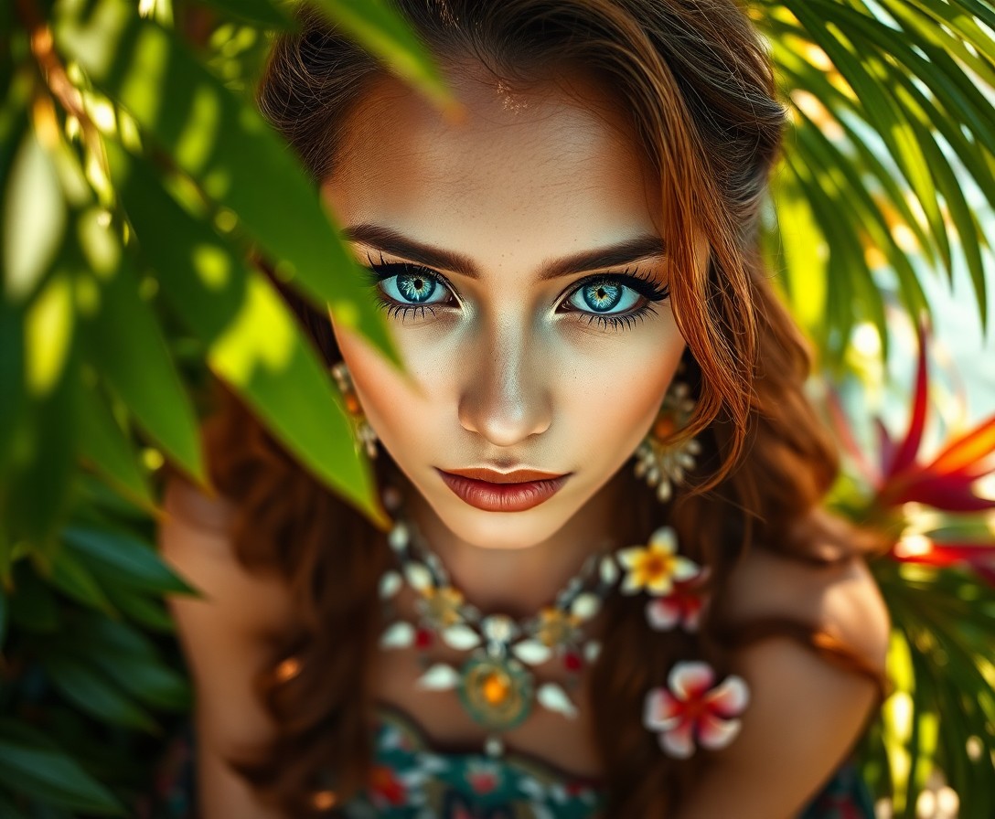 AI generated art for prompt: A Polynesian woman with deep blue eyes and cascading chestnut hair adorned with floral jewelry sits 