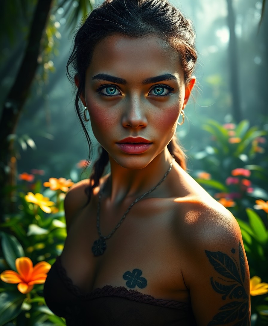 AI generated art for prompt: Imagine a photorealistic portrait of a captivating young Polynesian woman with hazy blue eyes and in