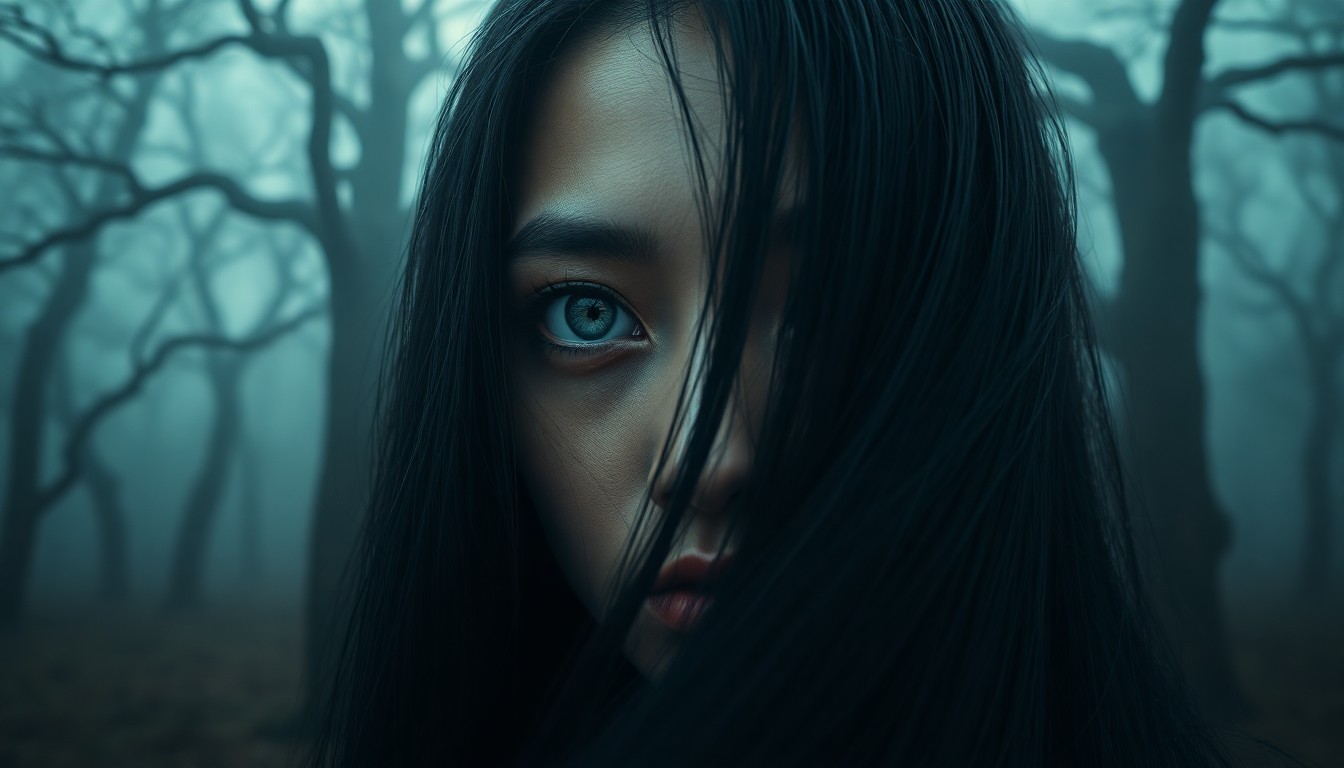 AI generated art for prompt: A striking close-up portrait captures a mysterious Central Asian woman with cascading jet-black hair