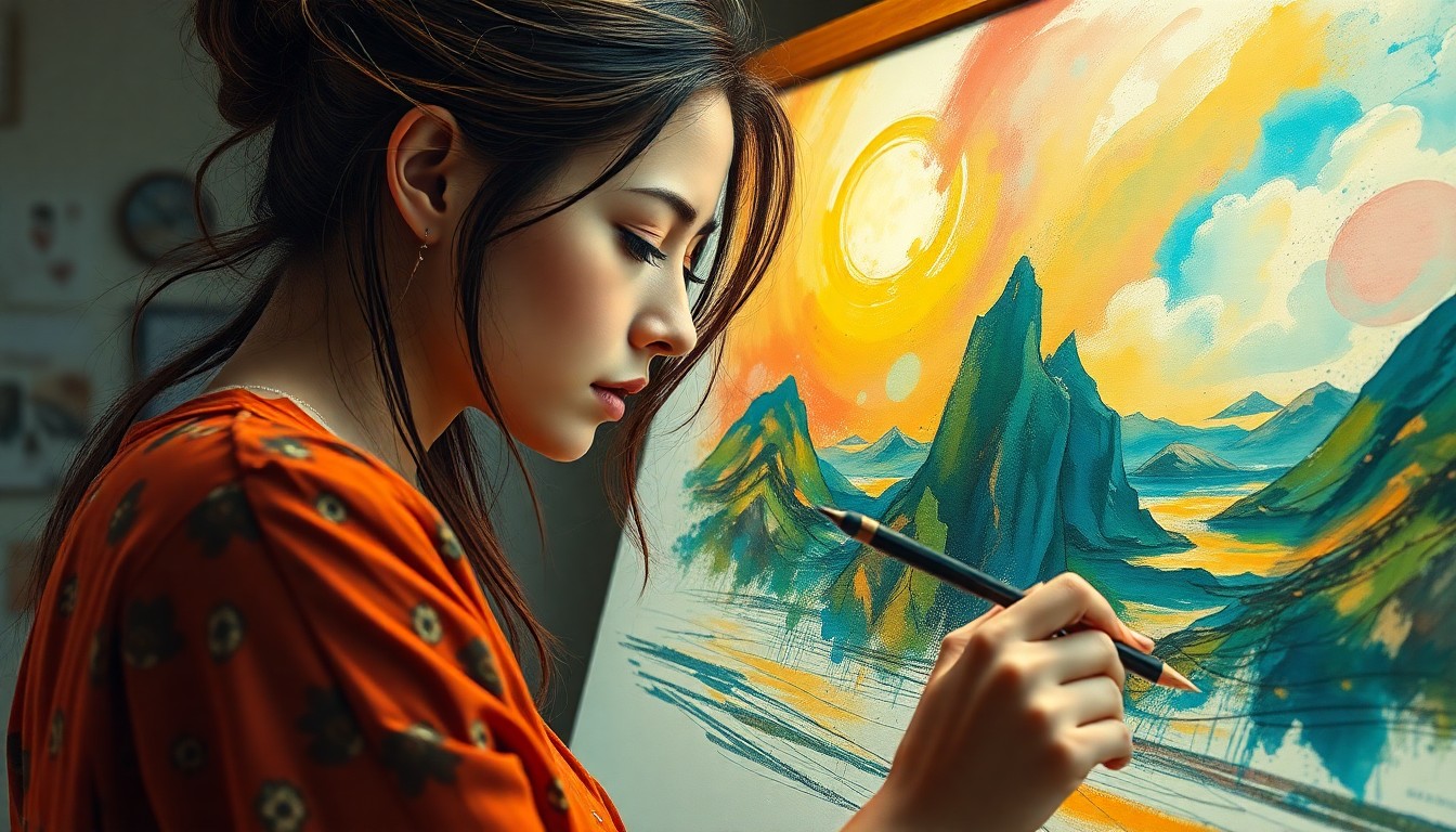 AI generated art for prompt: Create a captivating image of a female artist sketching with passionate focus. The artist, immersed 