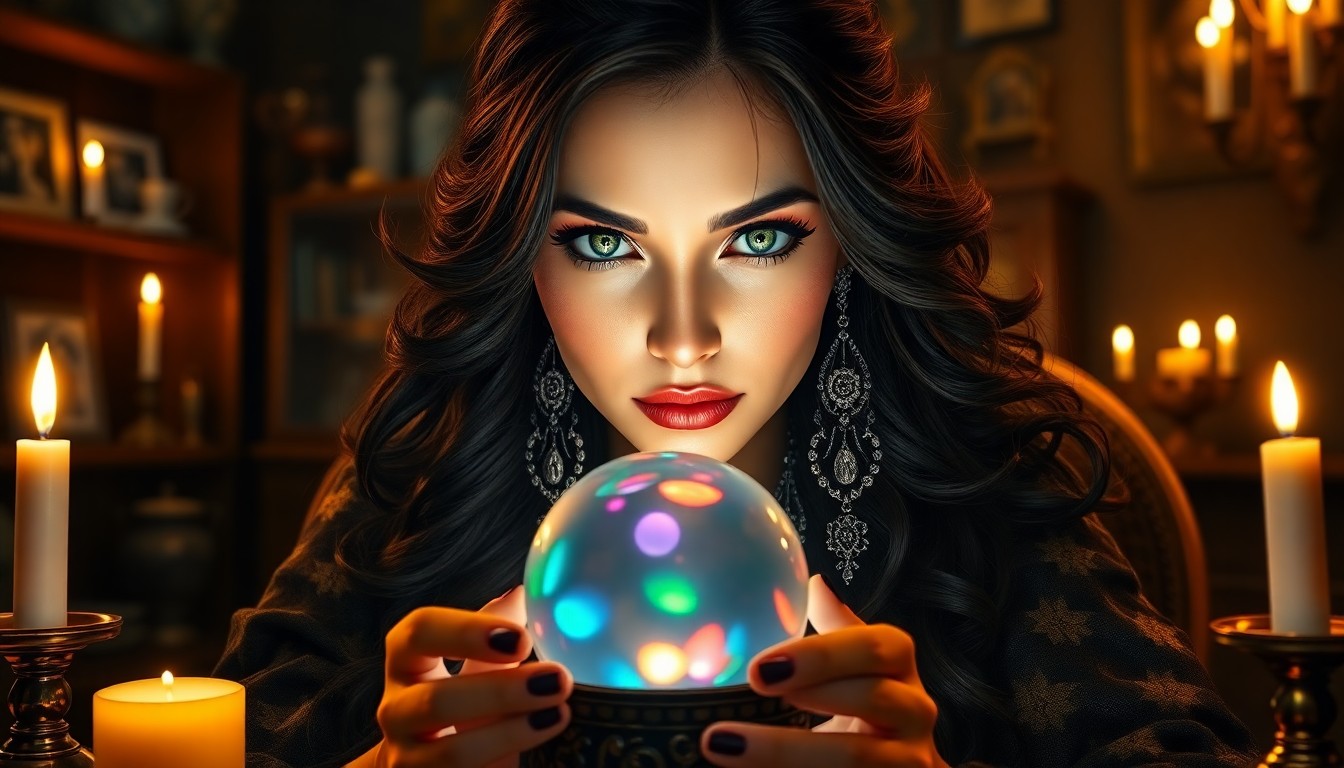 AI generated art for prompt: A hyperrealistic portrait of a enigmatic fortune teller with warm, green eyes and flowing dark hair 