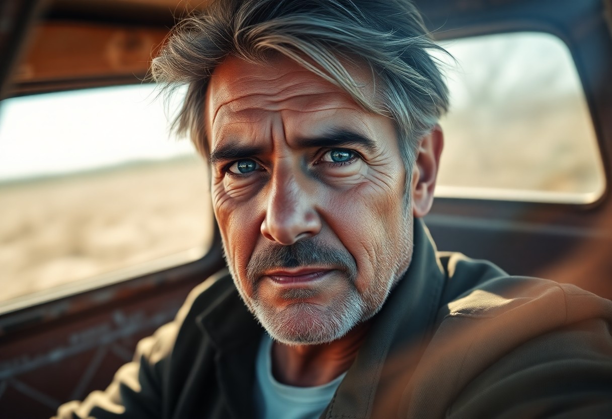 AI generated art for prompt: Create a hyperrealistic portrait of a middle-aged Hispanic man with cloudy blue eyes, a weathered fa