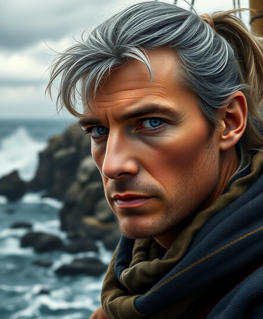 AI generated art for prompt: Create a super-realistic portrait of a historic sailor, his rugged features, dreamy blue eyes, and t