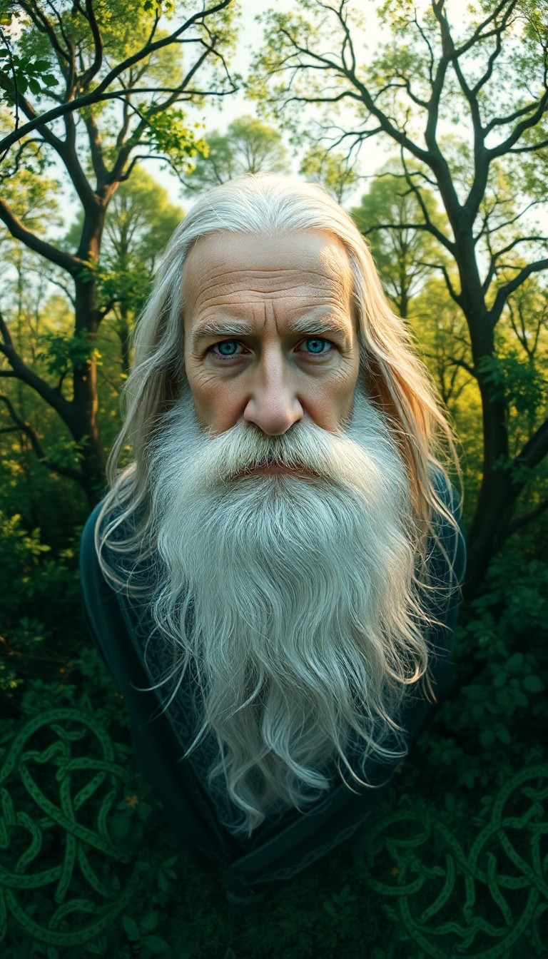 AI generated art for prompt: Imagine a portrait of an ancient wizard, captured from a unique bird's-eye view. He has calming blue