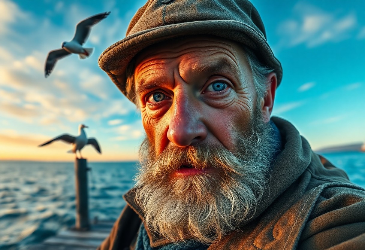 AI generated art for prompt: A highly detailed photorealistic portrait showcases a weathered fisherman with a long salt-and-peppe