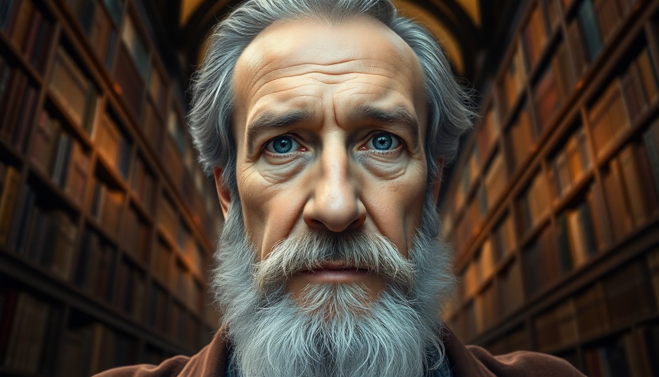 AI generated art for prompt: Craft a photorealistic portrait of a middle-aged Slavic man with tranquil blue eyes and a graying be