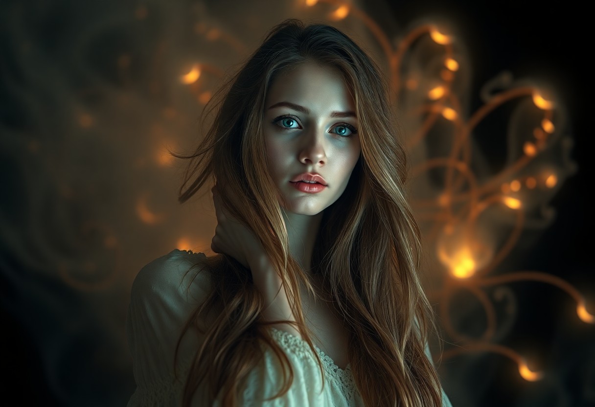 AI generated art for prompt: A captivating young Caucasian woman with long, flowing hair and piercing eyes is the subject of this