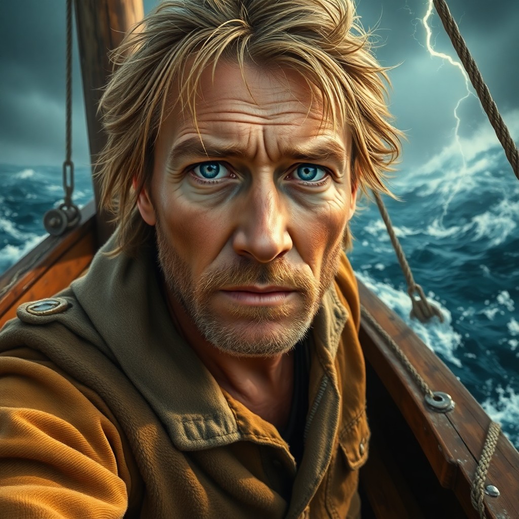 AI generated art for prompt: A close-up portrait, captured from a 'bug's-eye view', reveals an experienced sailor with weathered 