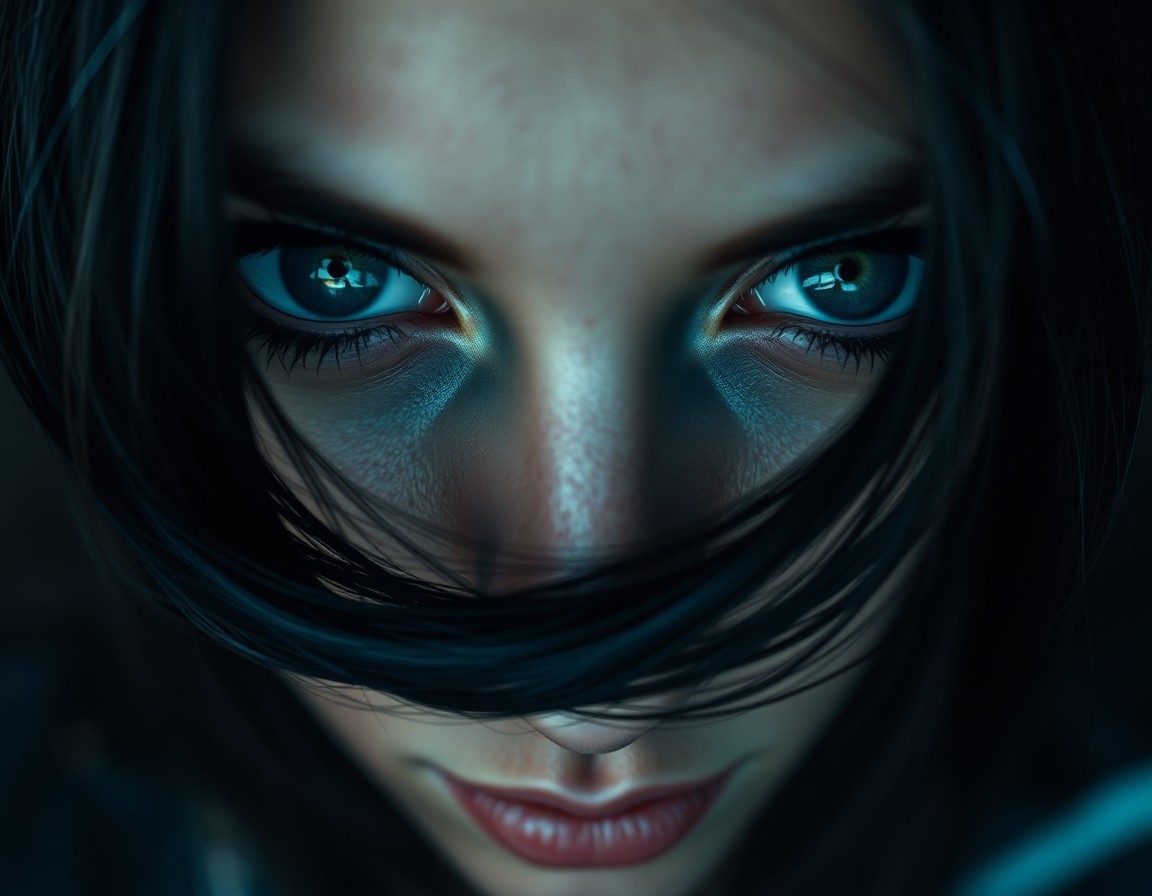 AI generated art for prompt: A close-up portrait of a female subject exudes enigma. Her deep blue eyes and raven-black hair are c