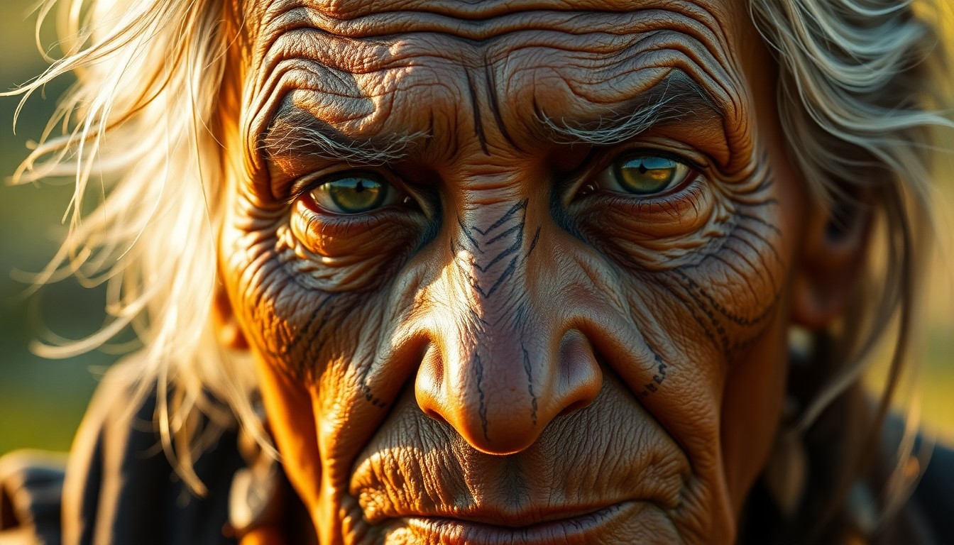 AI generated art for prompt: In a captivating photorealistic portrait, an aged yet wise elder emerges with deep wrinkles and dist