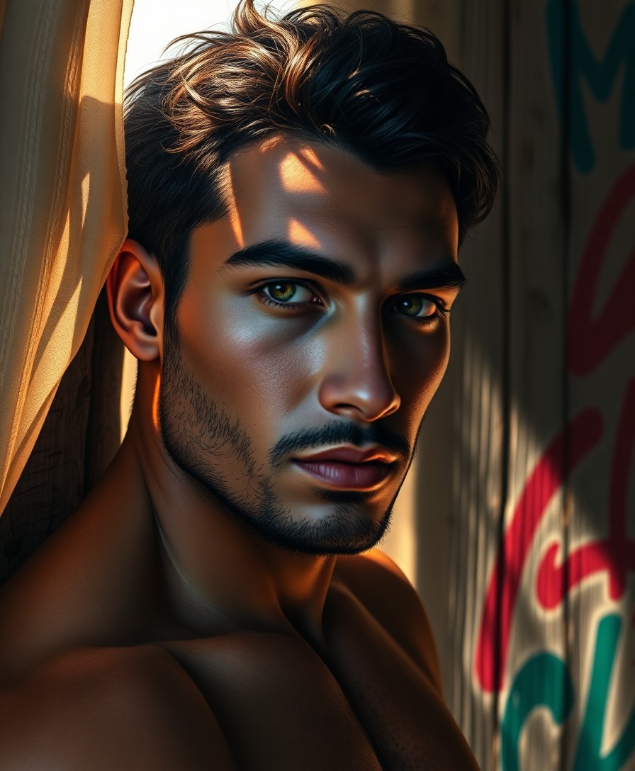 AI generated art for prompt: Craft a hyperrealistic portrait of Zenith, showcasing his unique Middle Eastern features and captiva