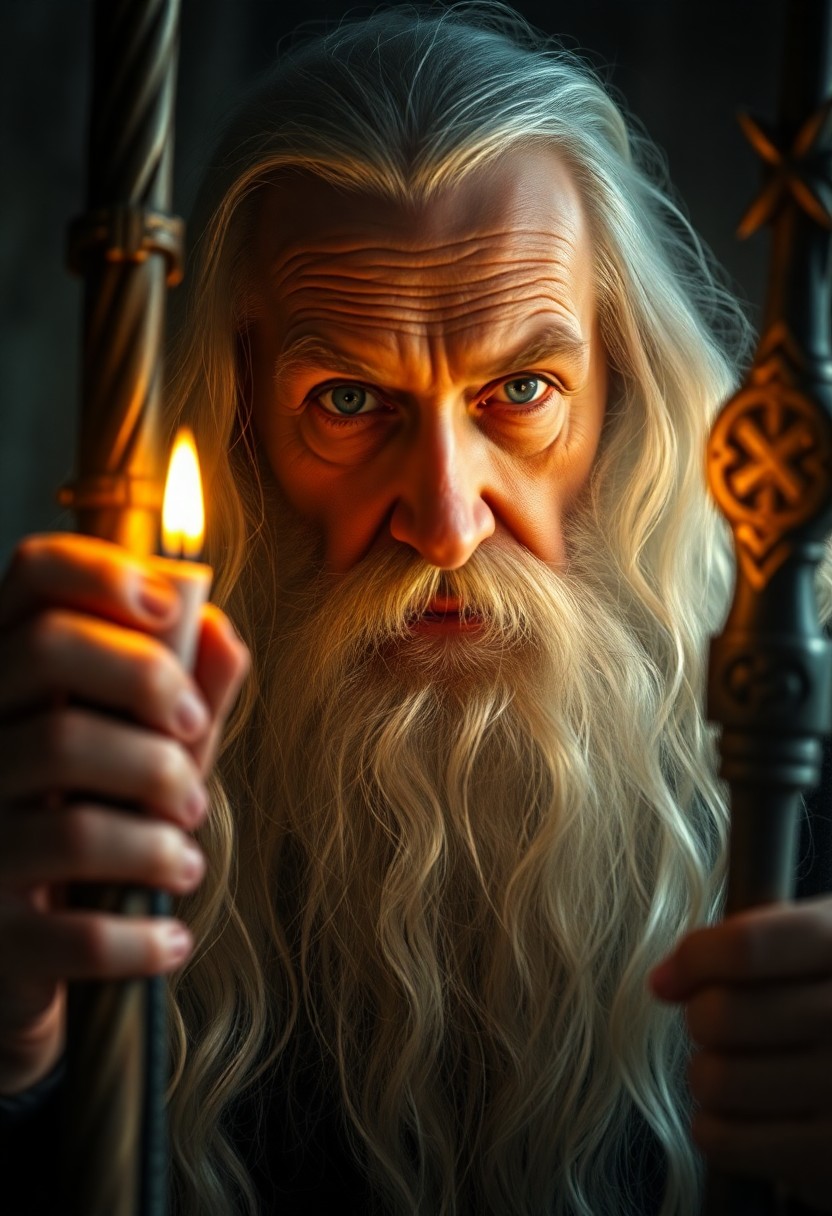 AI generated art for prompt: Craft a mesmerizing photorealistic portrait of an aged wizard with a long white beard and unfocused 