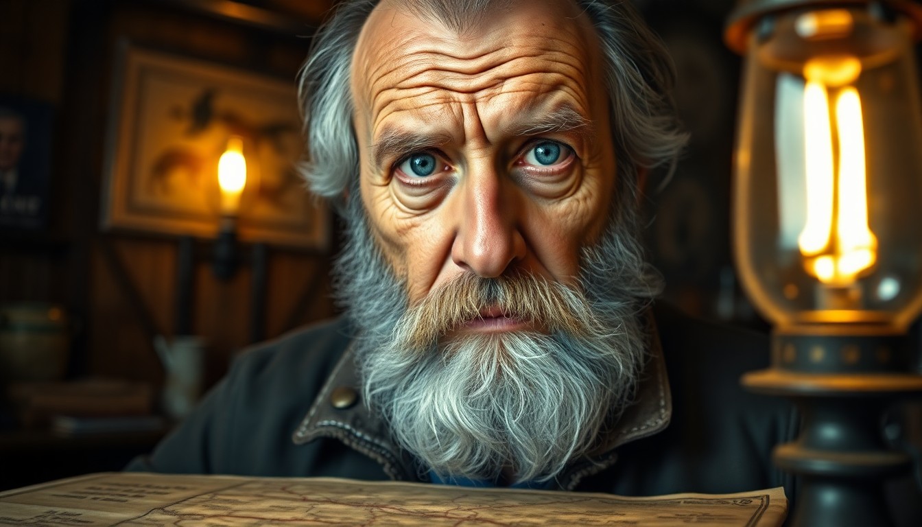 AI generated art for prompt: A photorealistic portrait depicts an older gentleman with unfocused blue eyes, rugged features, and 