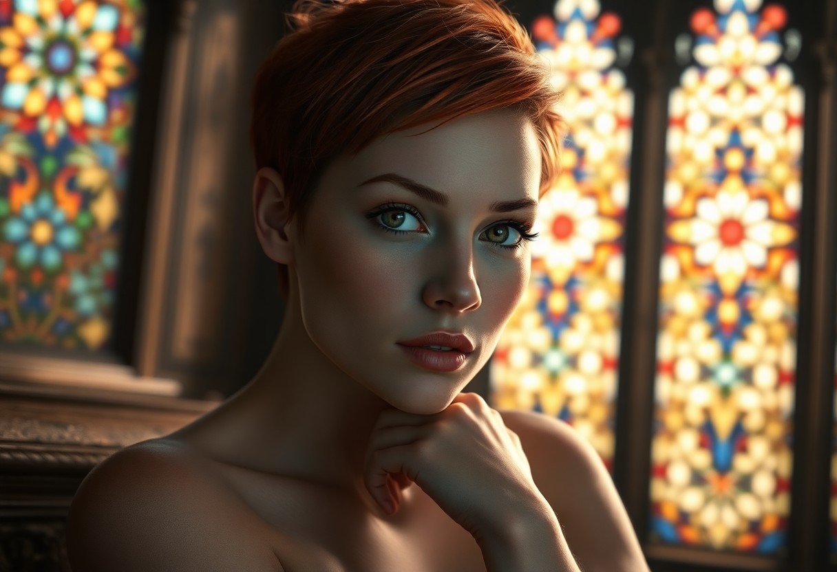 AI generated art for prompt: A photorealistic portrait of an enchanting woman with porcelain skin and a fiery red pixie cut, illu