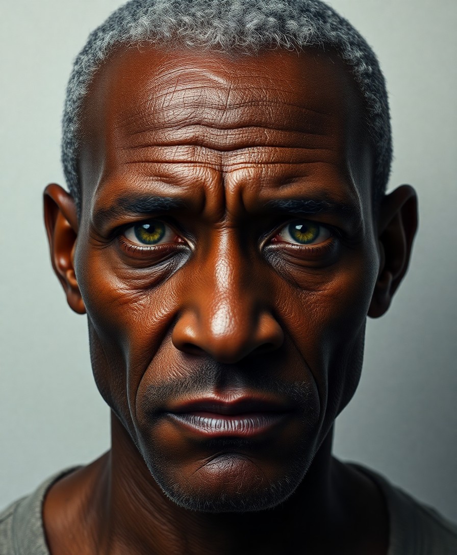 AI generated art for prompt: Imagine an ultra-realistic portrait of a middle-aged African man with piercing green eyes, defined c