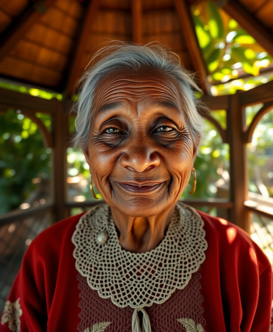 AI generated art for prompt: A photorealistic portrait captures an elderly Melanesian woman's wisdom and grace from a bird's-eye 