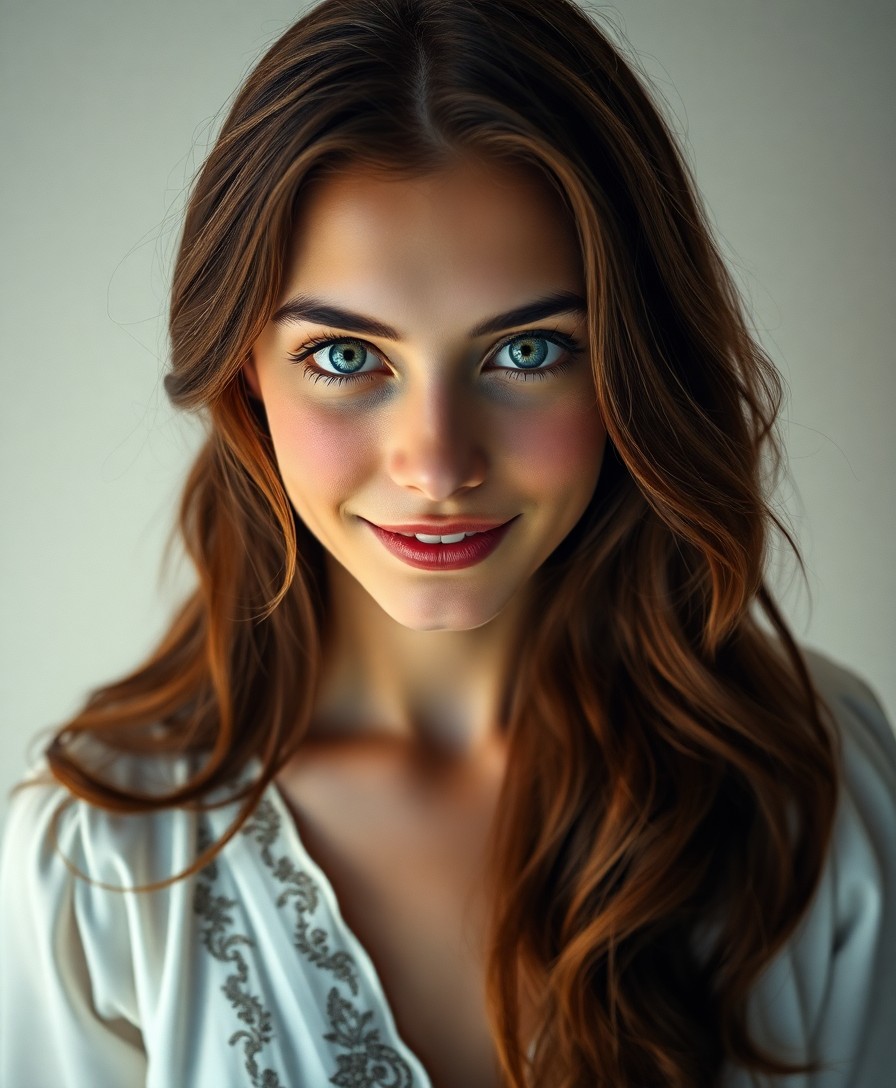 AI generated art for prompt: A captivating hyperrealistic portrait photograph showcases a young Middle Eastern woman with kind bl