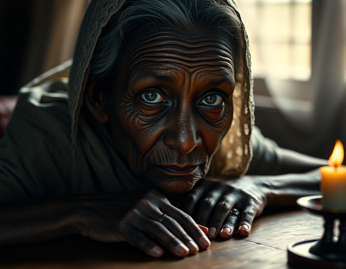 AI generated art for prompt: Envision a photorealistic portrait inspired by Renaissance chiaroscuro, showcasing an elderly Africa