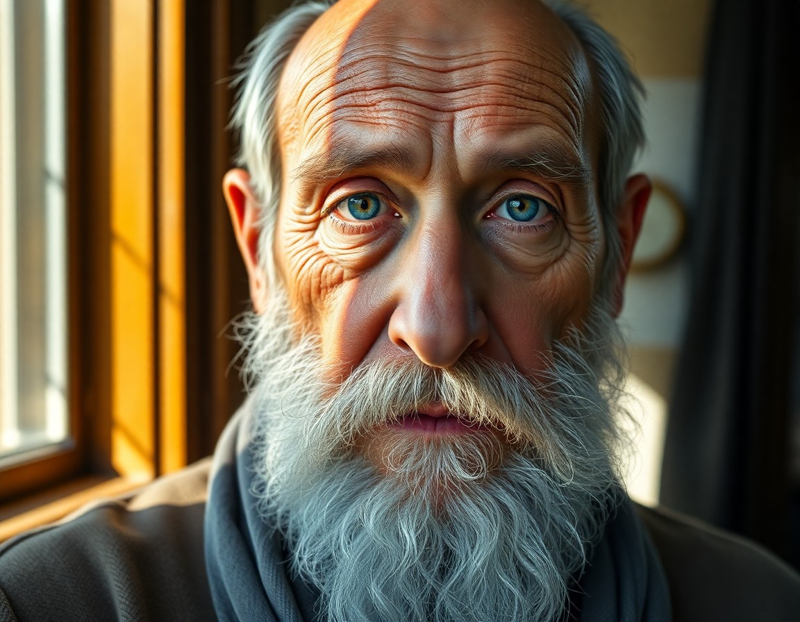 AI generated art for prompt: Render a photorealistic portrait of an elderly Mediterranean man with warm blue eyes and a white bea