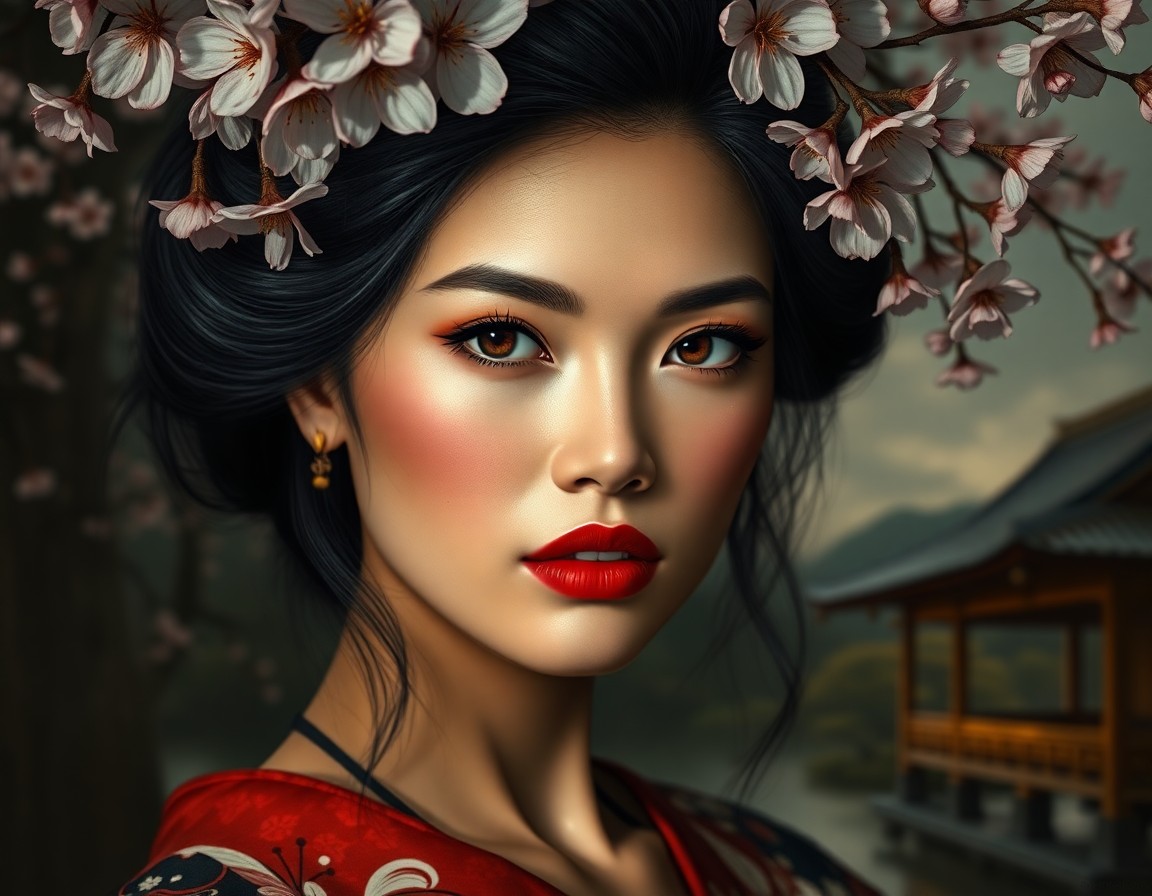 AI generated art for prompt: Craft a photorealistic portrait drawing on Caravaggio's chiaroscuro style and Japanese ukiyo-e woodb