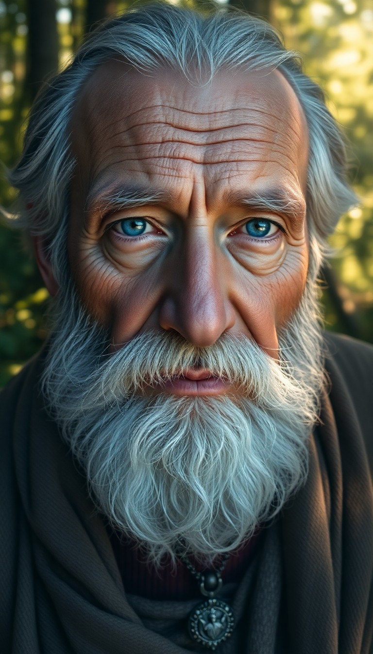 AI generated art for prompt: A super-realistic portrait of an elderly sage with tender blue eyes, rugged features, and a thick gr