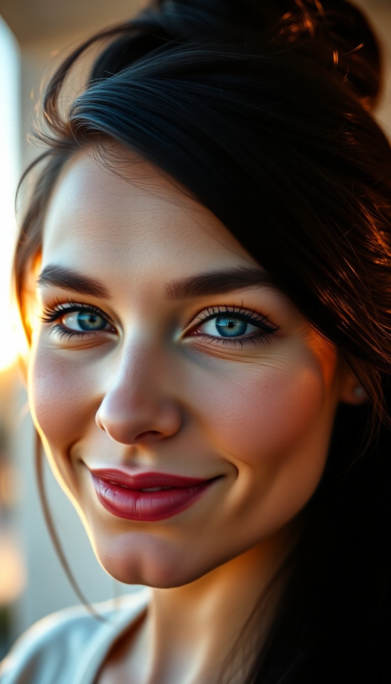 AI generated art for prompt: A photorealistic female portrait captured during golden hour showcases her sculpted cheekbones and f