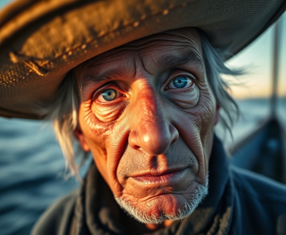 AI generated art for prompt: Render a hyperrealistic portrait of an elderly fisherman with misty blue eyes and skin weathered by 