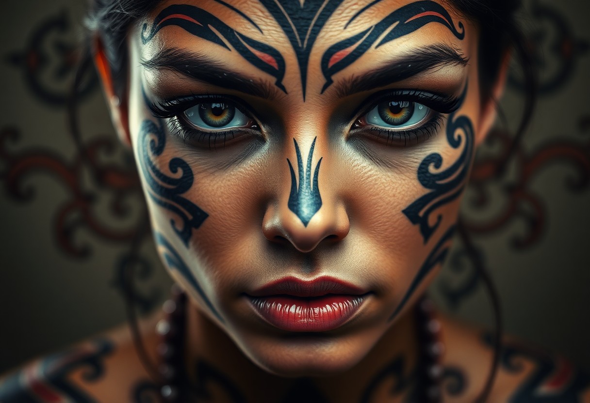 AI generated art for prompt: Craft a hyperrealistic portrait capturing a Hispanic woman's face adorned with intricate tribal tatt