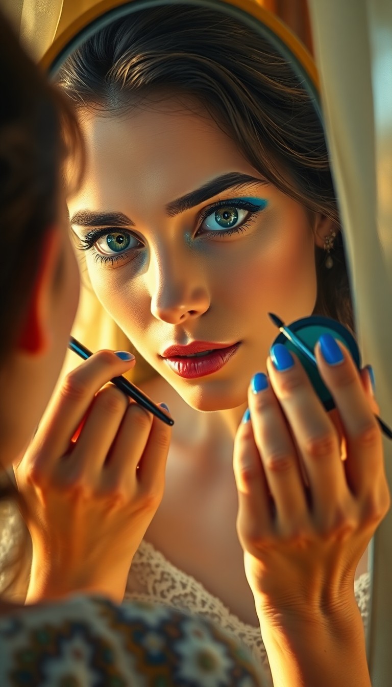 AI generated art for prompt: Envision a captivating portrait of a mysterious Mediterranean woman with soft green eyes, full lips,