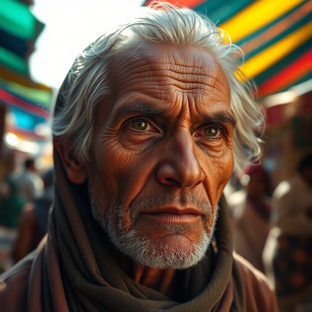 AI generated art for prompt: Depict a hyperrealistic portrait of an experienced nomad in the midst of a vibrant bazaar's lively a